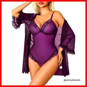 Sheer Mesh Bodysuit & Lace Kimono Set, S-XXL, Polyester Spandex, Romantic